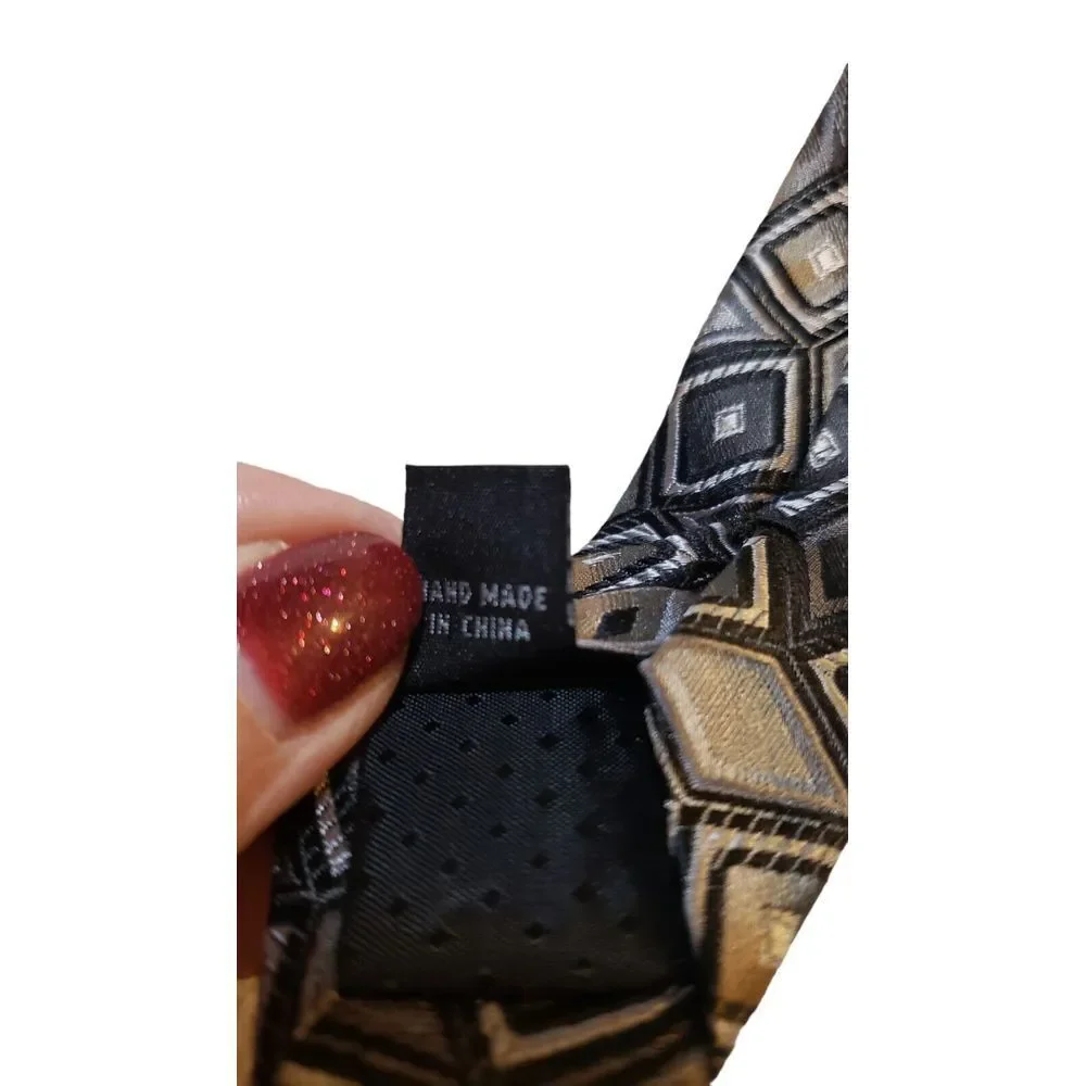 King‎ Size Mens 100% Silk Tie Tan Black Geometric Men Necktie Long 62 x 4